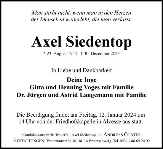 Traueranzeige von Axel Siedentop von Braunschweiger Zeitung