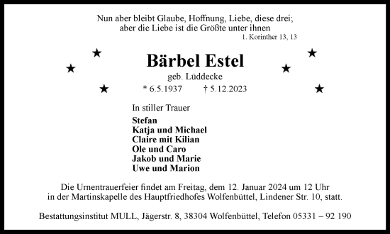 Traueranzeige von Bärbel Estel von Wolfenbütteler Zeitung