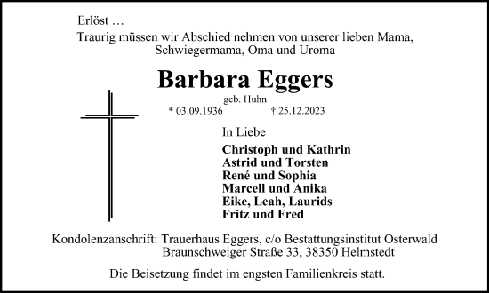 Traueranzeige von Barbara Eggers von Helmstedter Nachrichten