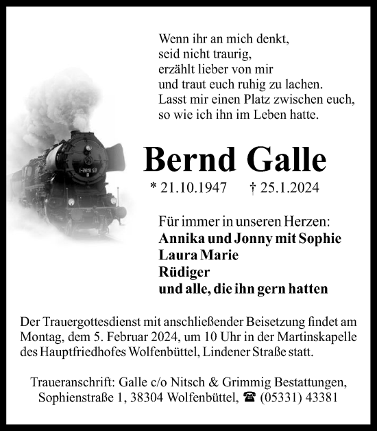 Traueranzeige von Bernd Galle von Wolfenbütteler Zeitung