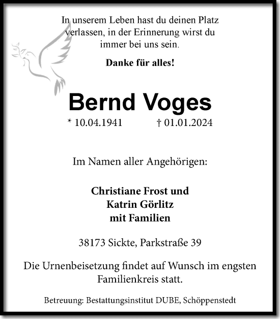 Traueranzeige von Bernd Voges von Wolfenbütteler Zeitung