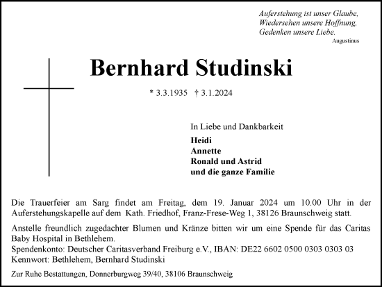 Traueranzeige von Bernhard Studinski von Braunschweiger Zeitung