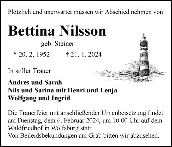 Traueranzeige von Bettina Nilsson von Wolfsburger Nachrichten