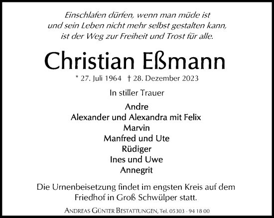 Traueranzeige von Christian Eßmann von Braunschweiger Zeitung