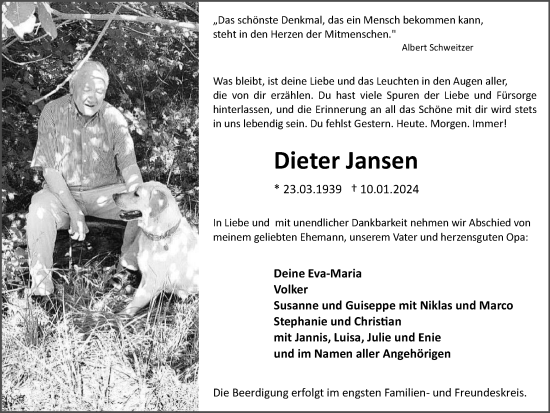 Traueranzeige von Dieter Jansen von Wolfsburger Nachrichten