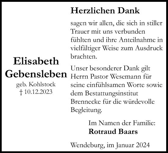 Traueranzeige von Elisabeth Gebensleben von Braunschweiger Zeitung