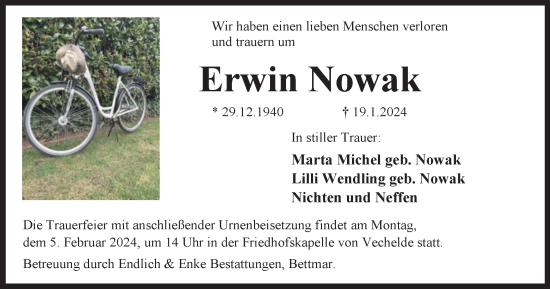 Traueranzeige von Erwin Nowak von Peiner Nachrichten