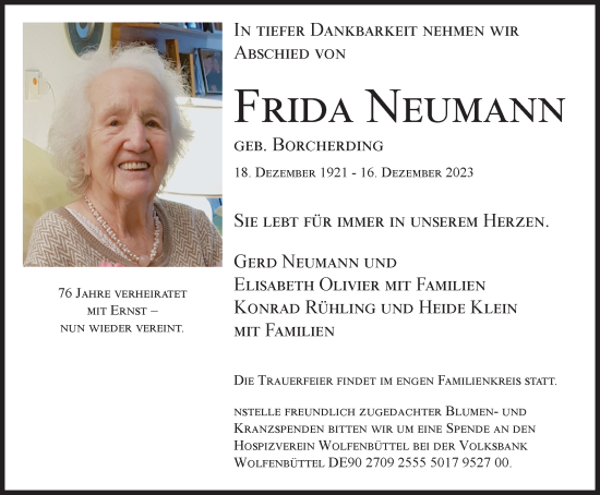 Traueranzeige von Frida Neumann von Braunschweiger Zeitung