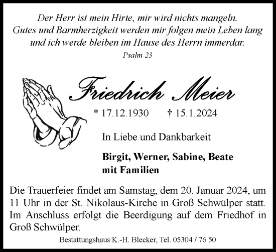 Traueranzeige von Friedrich Meier von Braunschweiger Zeitung