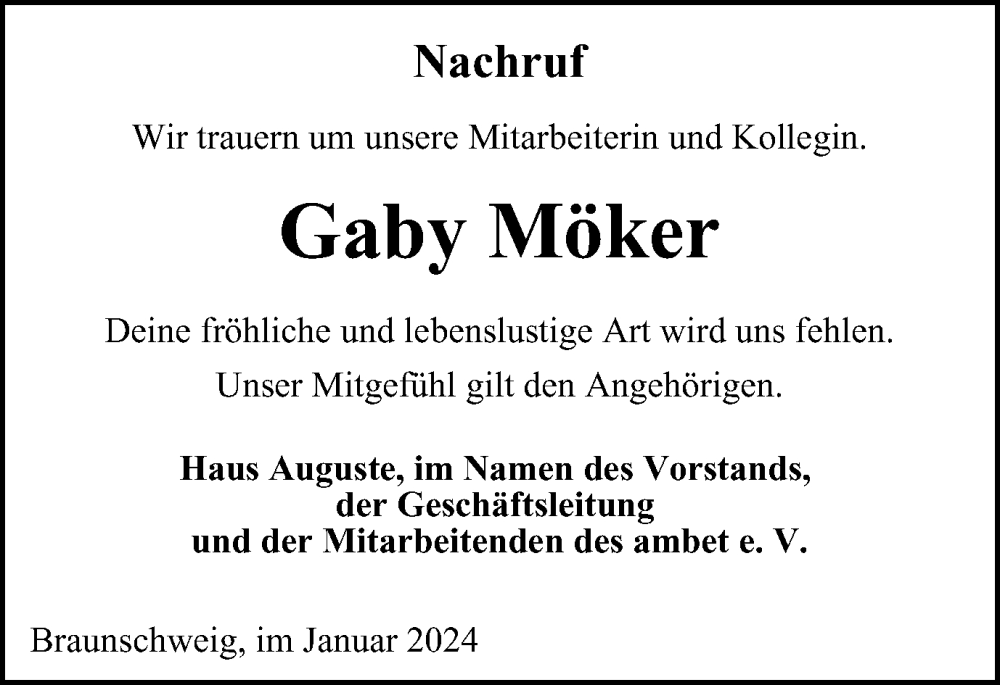  Traueranzeige für Gaby Möker vom 06.01.2024 aus Neue Braunschweiger am Samstag