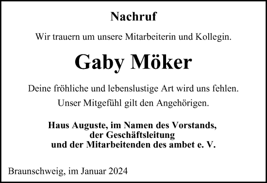 Traueranzeige von Gaby Möker von Neue Braunschweiger am Samstag