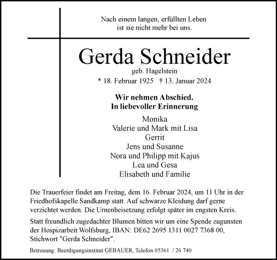 Traueranzeige von Gerda Schneider von Wolfsburger Nachrichten