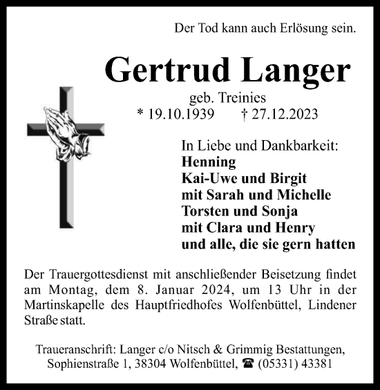 Traueranzeige von Gertrud Langer von Wolfenbütteler Zeitung