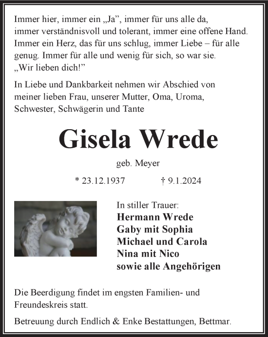 Traueranzeige von Gisela Wrede von Peiner Nachrichten