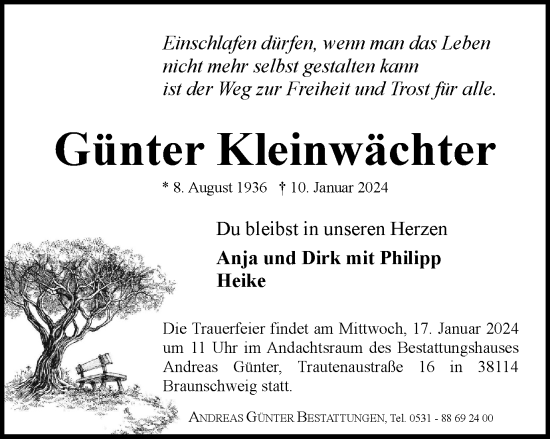 Traueranzeige von Günter Kleinwächter von Braunschweiger Zeitung