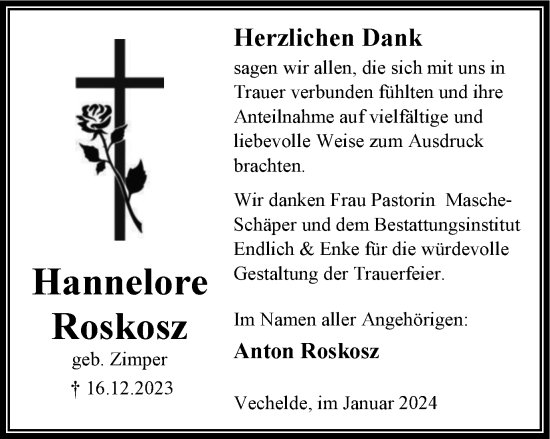 Traueranzeige von Hannelore Roskosz von Peiner Nachrichten