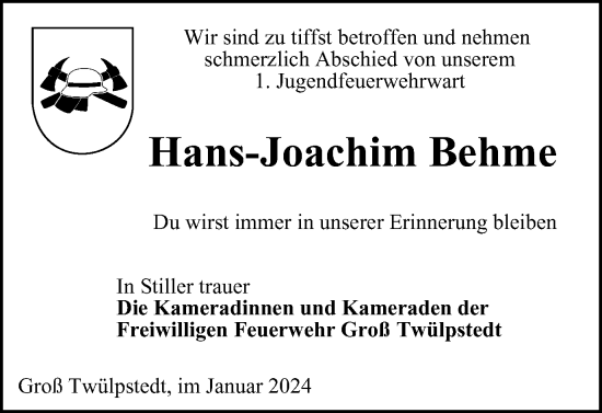 Traueranzeige von Hans-Joachim Behme von Helmstedter Nachrichten