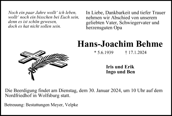 Traueranzeige von Hans-Joachim Behme von Wolfsburger Nachrichten