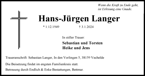 Traueranzeige von Hans-Jürgen Langer von Peiner Nachrichten