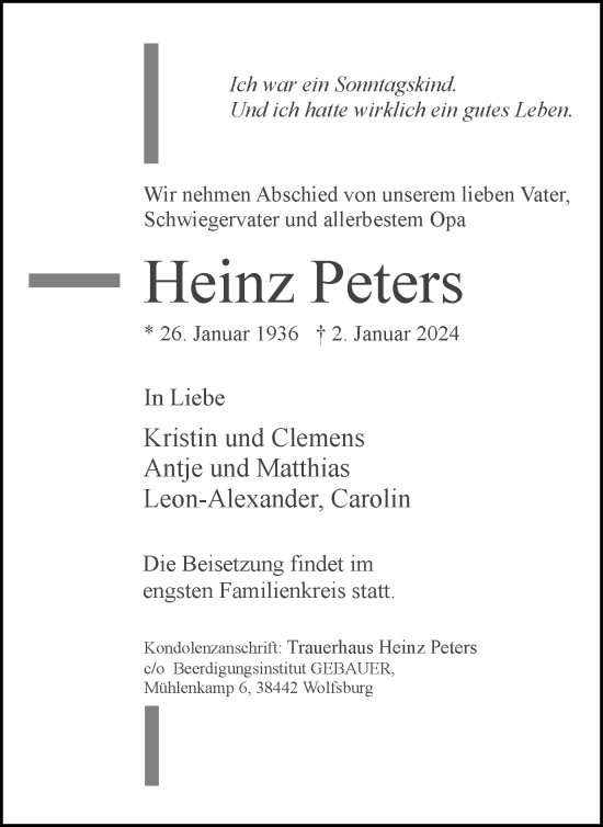 Traueranzeige von Heinz Peters von Wolfsburger Nachrichten