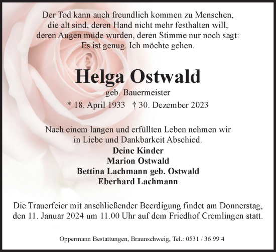 Traueranzeige von Helga Ostwald von Braunschweiger Zeitung