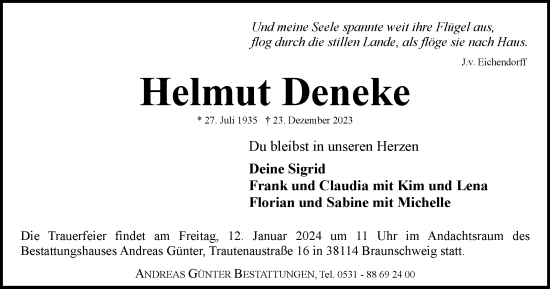 Traueranzeige von Helmut Deneke von Braunschweiger Zeitung