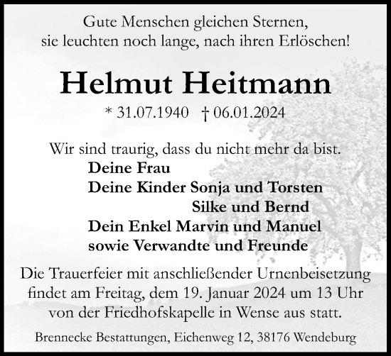 Traueranzeige von Helmut Heitmann von Peiner Nachrichten