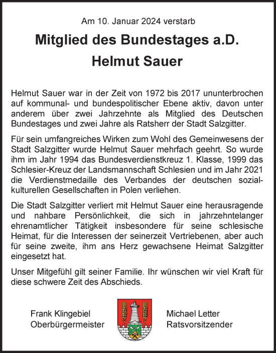 Traueranzeige von Helmut Sauer von Salzgitter-Zeitung