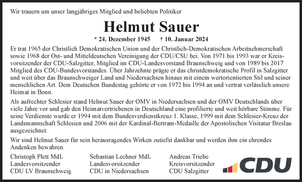  Traueranzeige für Helmut Sauer vom 24.01.2024 aus Braunschweiger Zeitung