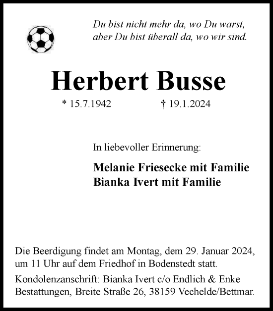 Traueranzeige von Herbert Busse von Peiner Nachrichten