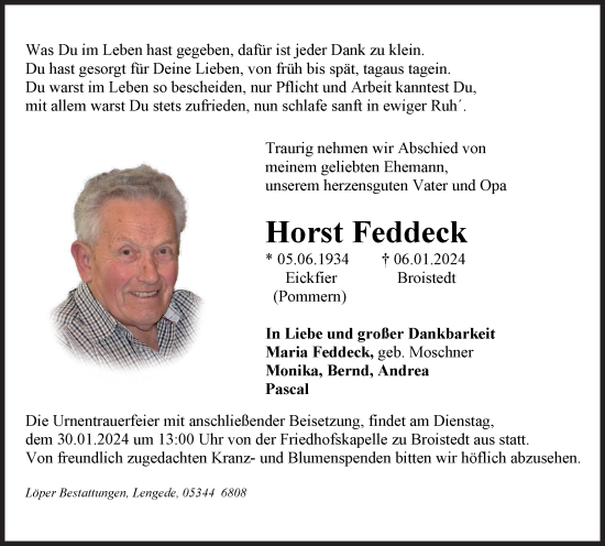 Traueranzeige von Horst Feddeck von Peiner Nachrichten