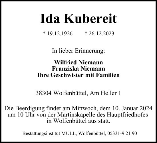 Traueranzeige von Ida Kubereit von Wolfenbütteler Zeitung