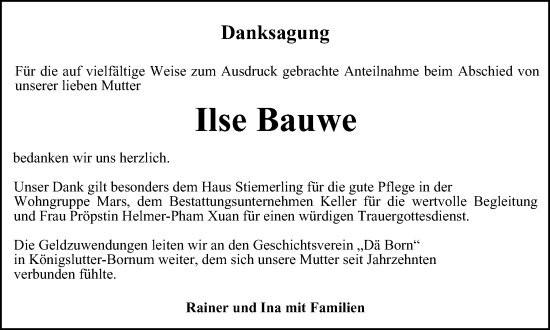 Traueranzeige von Ilse Bauwe von Helmstedter Nachrichten