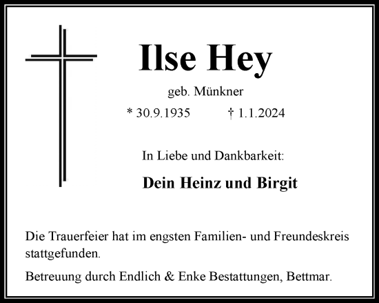 Traueranzeige von Ilse Hey von Peiner Nachrichten