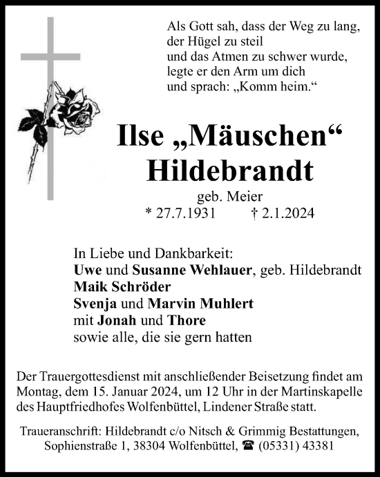 Traueranzeige von Ilse Hildebrandt von Wolfenbütteler Zeitung