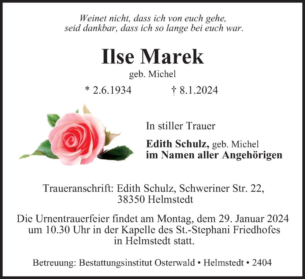  Traueranzeige für Ilse Marek vom 25.01.2024 aus Helmstedter Nachrichten