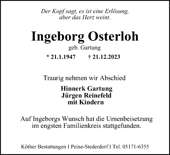 Traueranzeige von Ingeborg Osterloh von Peiner Nachrichten