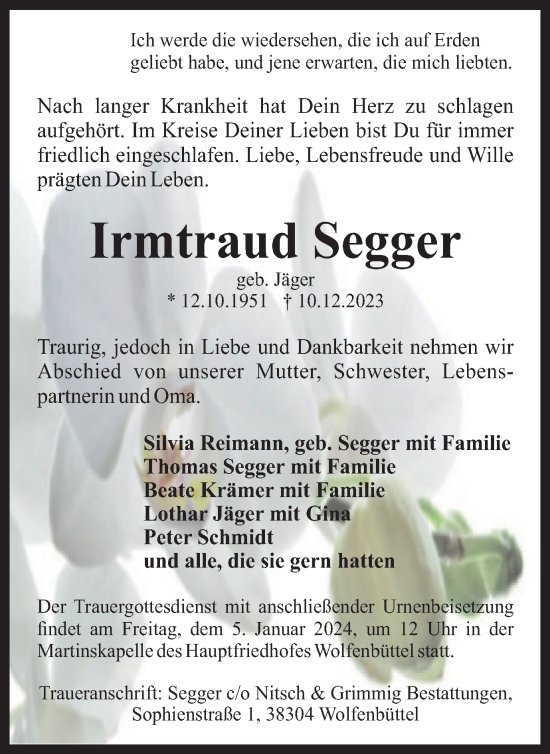 Traueranzeige von Irmtraud Segger von Wolfenbütteler Zeitung