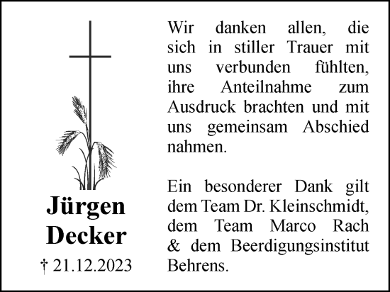 Traueranzeige von Jürgen Decker von Neue Braunschweiger am Samstag