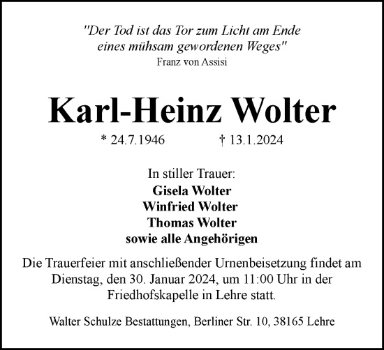 Traueranzeige von Karl-Heinz Wolter von Helmstedter Nachrichten