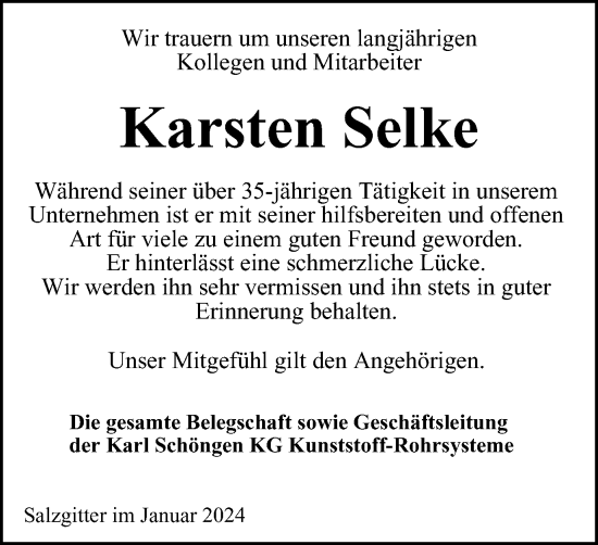 Traueranzeige von Karsten Selke von Salzgitter-Zeitung