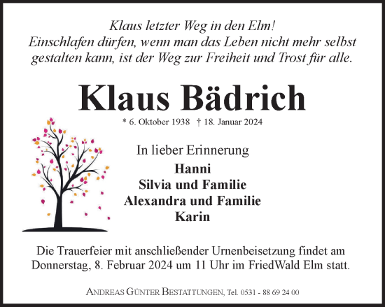 Traueranzeige von Klaus Bädrich von Braunschweiger Zeitung