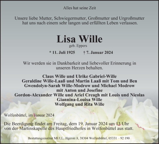 Traueranzeige von Lisa Wille von Wolfenbütteler Zeitung