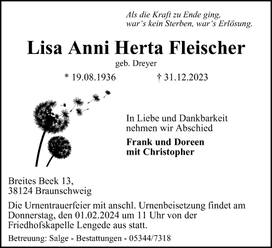 Traueranzeige von Lisa Anni Herta Fleischer von Braunschweiger Zeitung