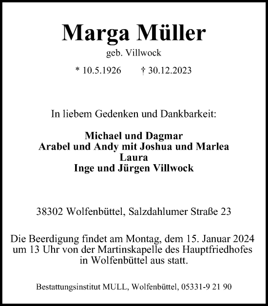 Traueranzeige von Marga Müller von Wolfenbütteler Zeitung