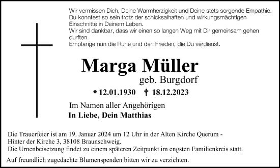 Traueranzeige von Marga Müller von Braunschweiger Zeitung