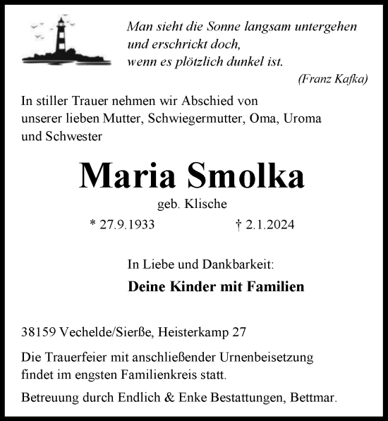 Traueranzeige von Maria Smolka von Peiner Nachrichten