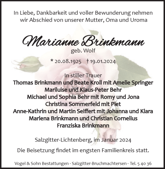 Traueranzeige von Marianne Brinkmann von Salzgitter-Zeitung