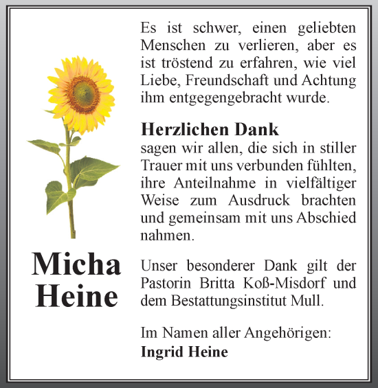 Traueranzeige von Micha Heine von Wolfenbütteler Zeitung