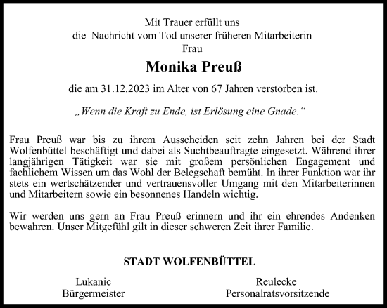 Traueranzeige von Monika Preuß von Wolfenbütteler Zeitung